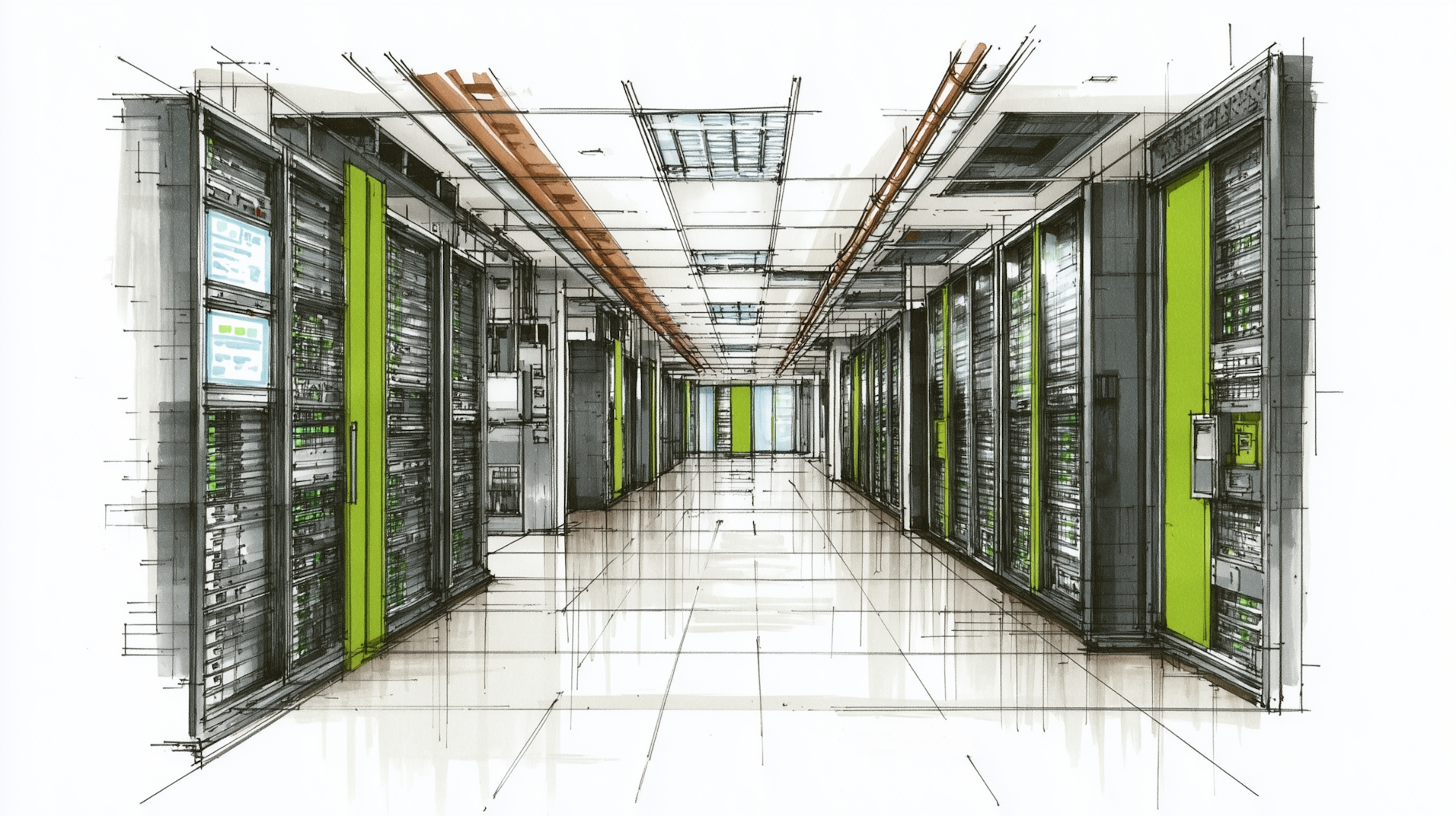 Datacenter-Illustration im Qbix-Stil mit grünen Akzenten